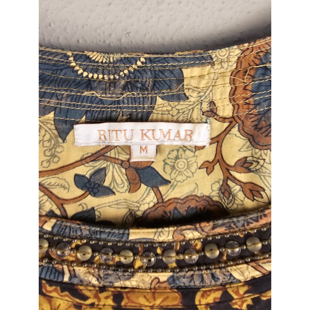 Ritu Kumar Womens Fall Print Patchwork Boho Babydoll Mini Dress Medium - Picture 5 of 6